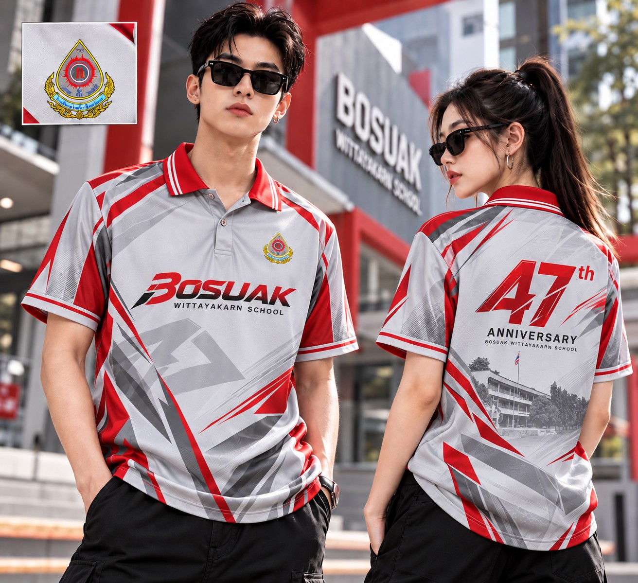 เสื้อโปโล สีเทา–แดง